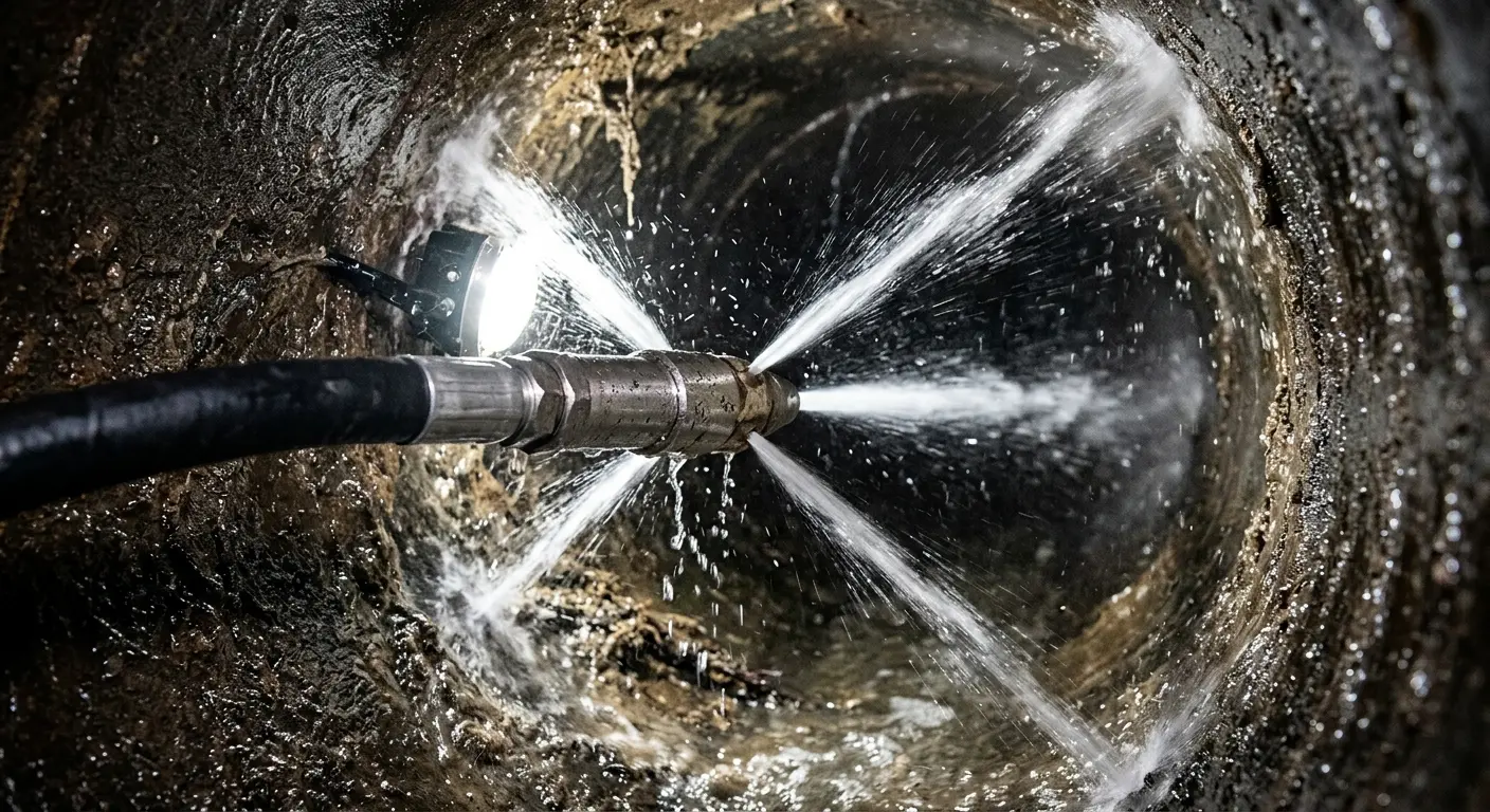 High-pressure hydro jetting nozzle cleaning sewer pipe for Trenchless Sewer Repair in Owasso