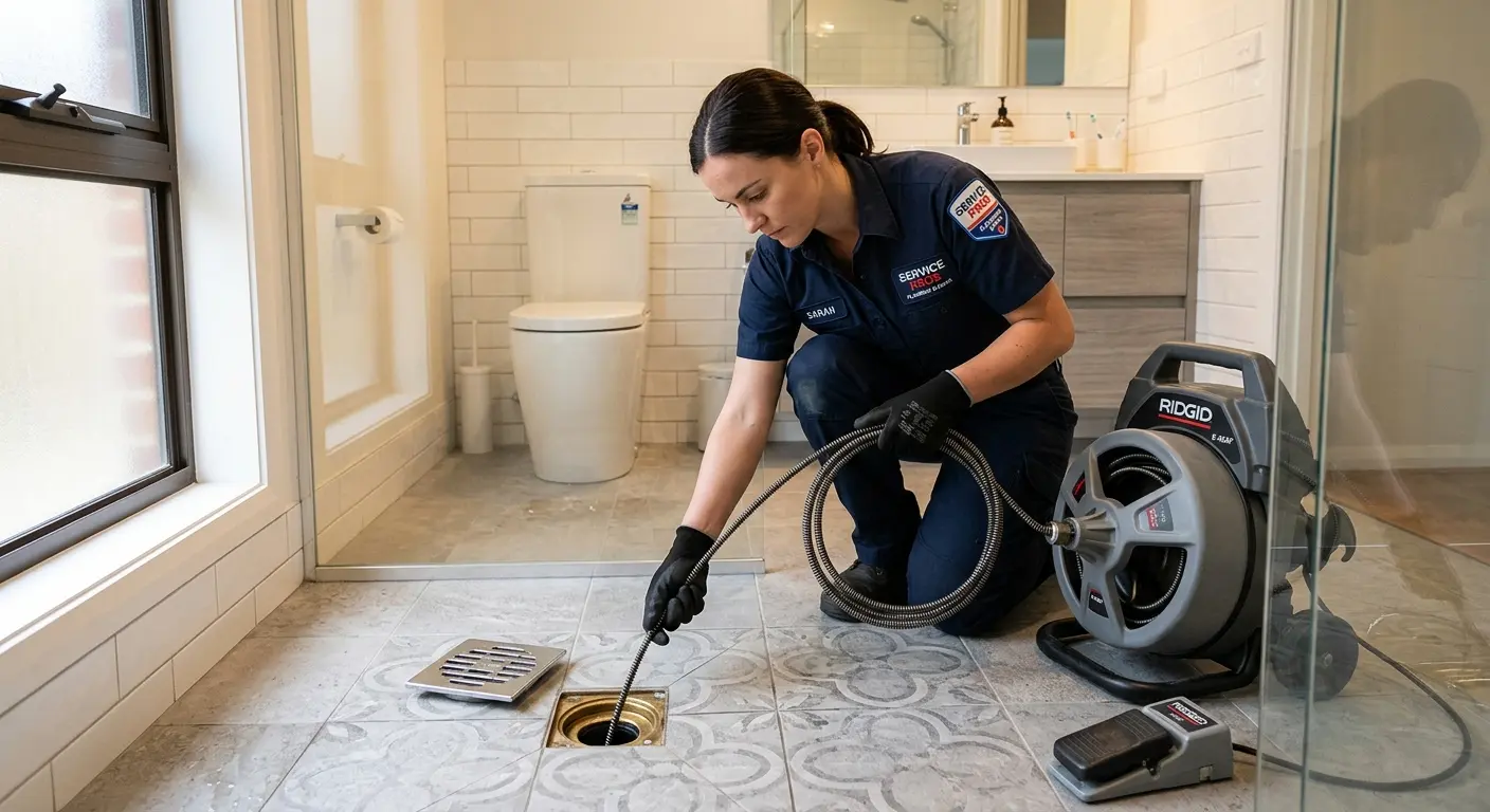 Technician clearing a bathroom floor drain for Drain Repair in Owasso